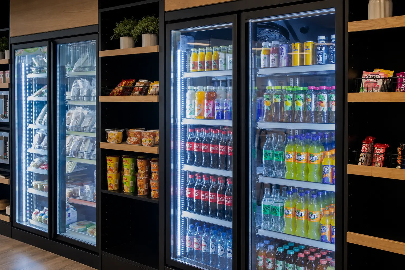 Gevulde drankenkoelingen en snackschappen van een Victorie Vending micro market